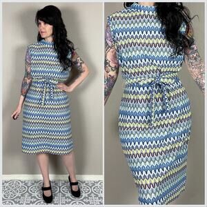 Vintage 1960s Blue and Green Zig Zag Knit Sleeveless Sheath Dress
